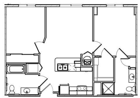 A black and white drawing of a house with a kitchen, living room, and bathroom.